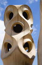 Spain, Catalonia, Barcelona, Chimneys and vents on the roof of Casa Mila apartment building known as La Pedrera or Stone Quarry designed by Antoni Gaudi in the Eixample district.