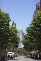 Spain, Catalonia, Barcelona, Torre Agbar modern glass fronted tower in the Eixample district.