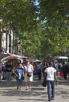 Spain, Catalonia, Barcelona, Tourist walking along the tree lined avenue of La Rambla.