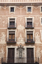 Spain, Catalonia, Barcelona, Ornate building facade in the Gothic quarter Placa del Pi.