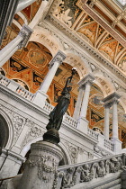 USA, Washington DC, Capitol Hill,  Library of Congress, The Great Hall, Architectural detail and statue.