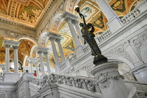 USA, Washington DC, Capitol Hill,  Library of Congress, The Great Hall, Architectural detail and statue.