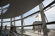 Germany, Berlin, Mitte, Reichstag building with glass dome deisgned by Norman Foster.