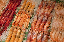 Spain, Madrid, Display of langoustines on a stall in the Mercado San Anton.