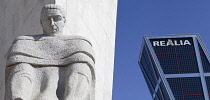 Spain, Madrid, Puerta de Europa with the monument to Calvo Sotelo in the foreground at Plaza de Castilla.