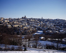 France, Midi Pyrenees, Aveyron, Medieval city of Rodez in winter time with snow