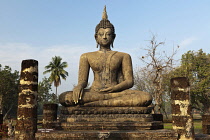 Thailand, Sukothai, Wat Mahathat Royal Temple, Seated Buddha Statue.