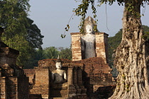 Thailand, Sukothai, White, seated Buddha and tall, white, standing Buddha in their red-brick enclosures, Wat Mahathat Royal Temple.