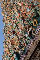 India, Tamil Nadu, Madurai, The south tower gopuram of the Sri Meenakshi Temple in Madurai.