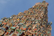 India, Tamil Nadu, Madurai, The south tower gopuram of the Sri Meenakshi Temple in Madurai.