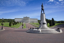 Ireland, North, Belfast, Stormont assembly building with statue of Lord Edward Carson in the foreground.