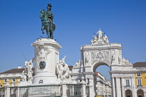 Portugal, Estremadura, Lisbon, Baixa, Praca do Comercio with equestrian statue of King Jose and Rua Augusta triumphal arch.