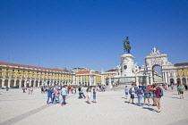 Portugal, Estremadura, Lisbon, Baixa, Praca do Comercio with equestrian statue of King Jose and Rua Augusta triumphal arch.