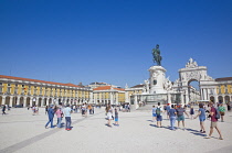 Portugal, Estremadura, Lisbon, Baixa, Praca do Comercio with equestrian statue of King Jose and Rua Augusta triumphal arch.