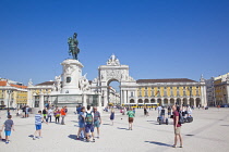 Portugal, Estremadura, Lisbon, Baixa, Praca do Comercio with equestrian statue of King Jose and Rua Augusta triumphal arch.