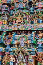 India, Tamil Nadu, Kumbakonam, Detail of the gopuram at the Adi Kumbeswarar temple.