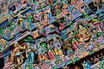 India, Tamil Nadu, Kumbakonam, Detail of the gopuram at the Adi Kumbeswarar temple.