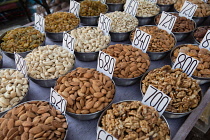 India, New Delhi, Display of nuts & dried fruit in the spice market in the old city of Delhi.