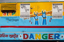 India, West Bengal, Kolkata, Danger sign on the rear of a public bus.