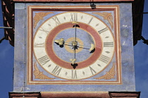 Italy, Trentino Alto Adige, Cavalese, clock detail, clocktower.