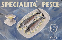 Italy, Lombardy, Lake Garda, fish restaurant sign.