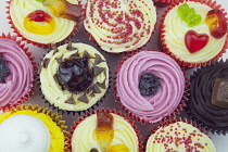 Studio shot of various colouful and decorated cup cakes.