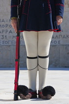 Greece, Attica, Athens, Evzones Greek soldiers on parade outside the Parliament building.