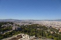 Greece, Attica, Athens, View over the city to the hills beyond from the Acropolis.