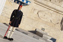 Greece, Attica, Athens, Evzones Greek soldier on parade outside the Parliament building.