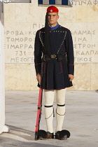 Greece, Attica, Athens, Evzones Greek soldier on parade outside the Parliament building.