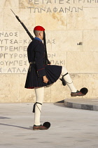 Greece, Attica, Athens, Evzones Greek soldier on parade outside the Parliament building.