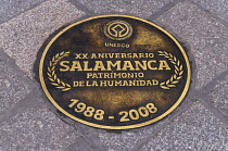 Spain, Castile and Leon, Salamanca, Plaza Mayor the city's main square completed in 1755 and widely regarded as one of Spain's most beautiful squares, plaque commemorating the awarding of UNESCO World...