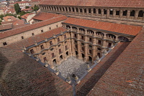 Spain, Castile and Leon, Salamanca, La Clerecía Church, view from the Scala Coeli church tower, The Patio Barroco or Baroque Courtyard surrounded by the two-storey cloister of the Pontifical Universi...