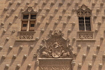 Spain, Castile and Leon, Salamanca, Casa de las Conchas or House of the Shells, built from 1493 to 1517 by Rodrigo Arias de Maldonado and decorated with more than 300 shells, portal with the coat of a...