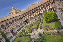 Spain, Castile and Leon, Salamanca, Convento de las Duenas which is a Dominican convent built in the 15th and 16th centuries, view from the upper cloister with Salamanca Cathedral in the background.
