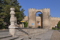 Spain, Castile and Leon, Avila, The Puerta de San Vicente or Gate of St Vincent is a monumental gate with very strong turrets flanking the entrance, it is part of the city walls that were built from 1...