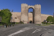 Spain, Castile and Leon, Avila, The Puerta de San Vicente or Gate of St Vincent is a monumental gate with very strong turrets flanking the entrance, it is part of the city walls that were built from 1...