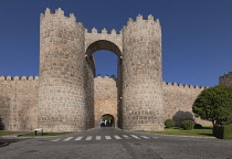 Spain, Castile and Leon, Avila, The Puerta de San Vicente or Gate of St Vincent is a monumental gate with very strong turrets flanking the entrance, it is part of the city walls that were built from 1...