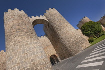 Spain, Castile and Leon, Avila, The Puerta de San Vicente or Gate of St Vincent is a monumental gate with very strong turrets flanking the entrance, it is part of the city walls that were built from 1...