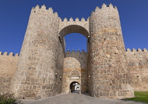 Spain, Castile and Leon, Avila, Puerta del Alcazar or Gate of the Fortress is a monumental gate with very strong turrets flanking the entrance, it is part of the city walls that were built from 1090 o...
