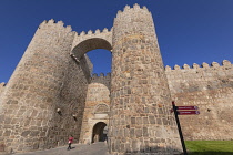 Spain, Castile and Leon, Avila, Puerta del Alcazar or Gate of the Fortress is a monumental gate with very strong turrets flanking the entrance, it is part of the city walls that were built from 1090 o...