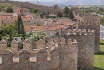 Spain, Castile and Leon, Avila, City walls that were built from 1090 onwards and are among the best-preserved and most complete in Europe, viewed from the walkway along the interior perimeter of the w...