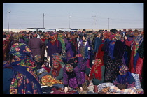Turkmenistan, Ashkabad, Women vendors in busy Sunday Market scene