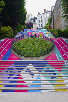 France, Val de Loire, Blois, The Denis Papin staircase to celebrate the 2024 Olympics. At the top of the staircase is a statur of Denis Papin, inventor, 1647 to 1714, created by Aime Millet in 1880. T...