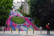 France, Val de Loire, Blois, The Denis Papin staircase, to celebrate the 2024 Olympics. At the top of the staircase is a statur of Denis Papin, inventor, 1647 to 1714, created by Aime Millet in 1880....