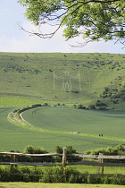 England, East Sussex, Wilmington, The Longman figure carved into the chalk hillside of Windover Hill, 235 feet tall and depicted holding two staves.