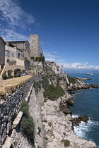 France, Provence-Alpes-Cote d'Azur, Antibes, Old town ramparts and coastline, view toward the Picasso museum.