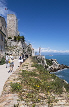 France, Provence-Alpes-Cote d'Azur, Antibes, Old town ramparts and coastline, view toward the Picasso museum.