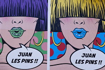 France, Provence-Alpes-Cote d'Azur, Antibes, Juan-les-Pins, Colourful posters on exterior of building.