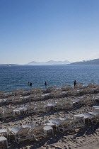 France, Provence-Alpes-Cote d'Azur, Antibes, Juan-les-Pins, People on sandy beach.